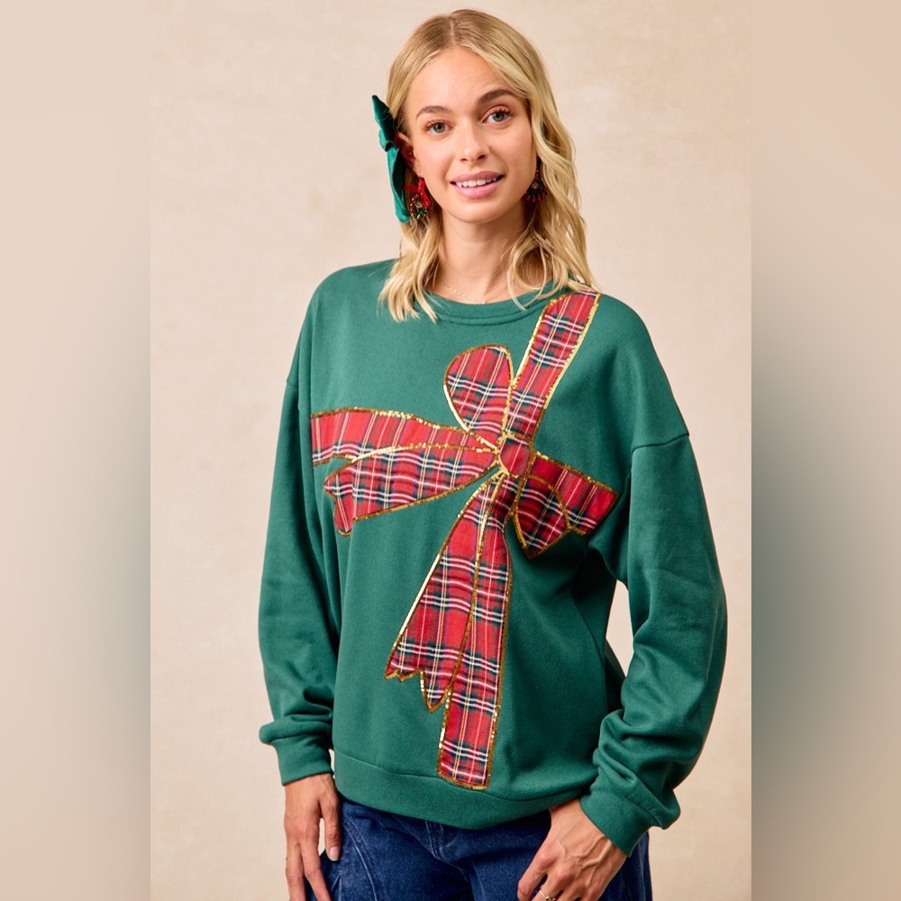 BiBi Plaid Ribbon Bow Detail Christmas Fleece Pullover